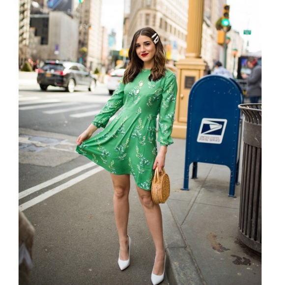 Ann Taylor LOFT Floral Long Sleeve A-Line Mini Dress Boho Green 6 - Picture 1 of 12